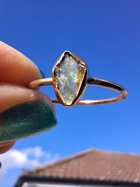 Moldavite Ring, 14K GOLD Plated, size large T, Tektite (Ref: R347)