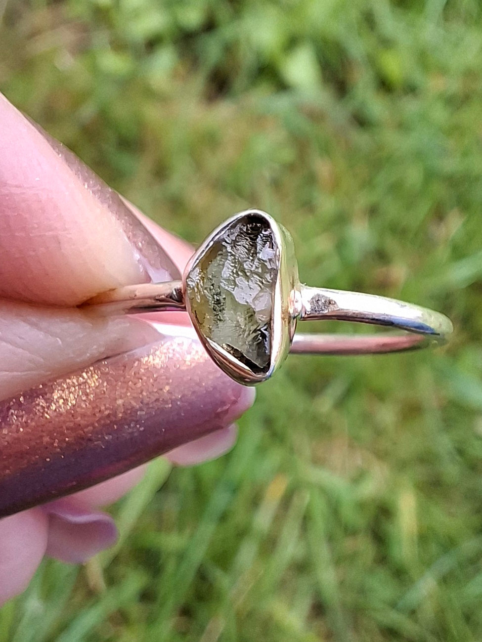 Moldavite Ring, size large L, 925 Silver, Tektite (Ref: R49)