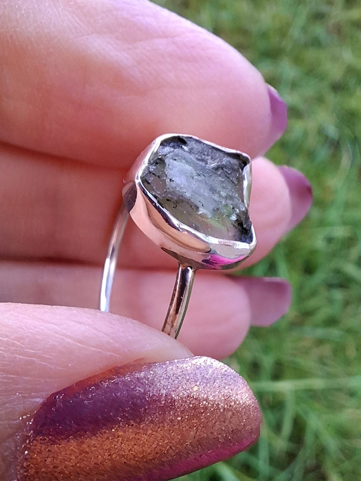 Moldavite Ring, size small U, 925 Silver, Tektite (Ref: R29)