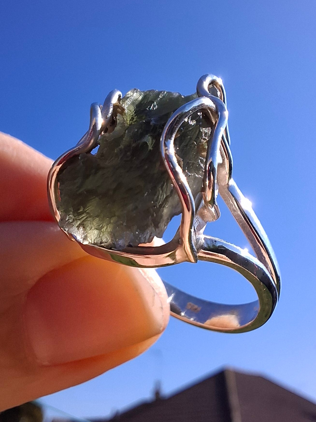 Moldavite Ring, size Q, 925 Silver, Tektite (Ref: R10)