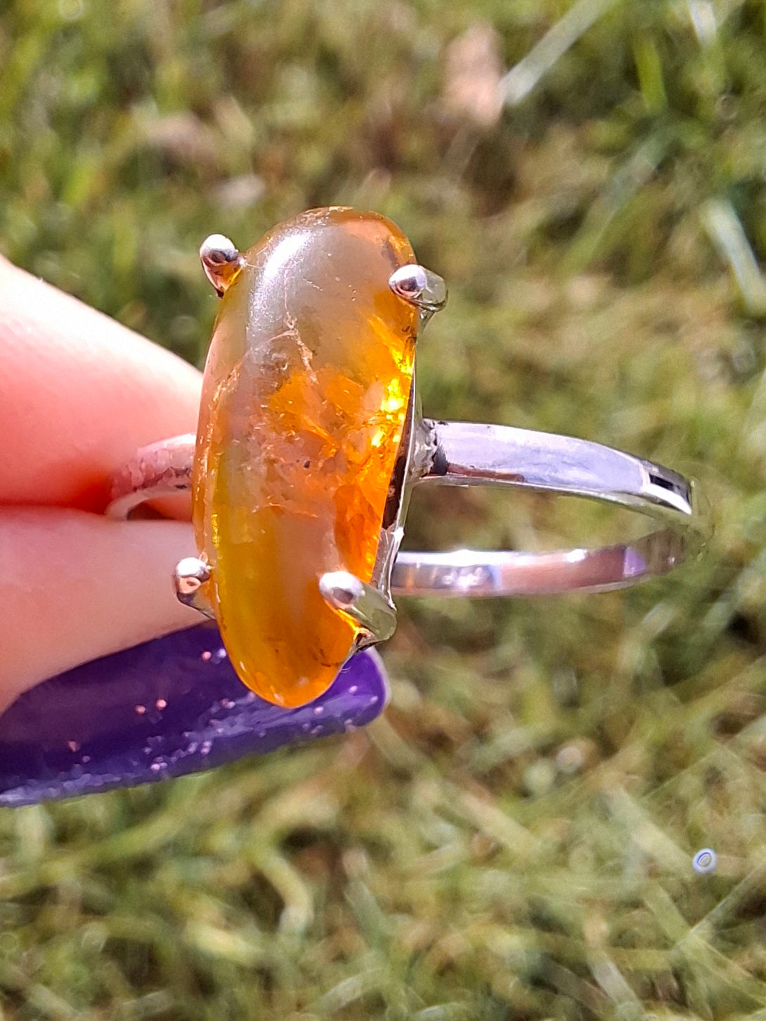 Baltic Amber Ring, size large V, 925 Silver, Fossil (Ref: AR25)