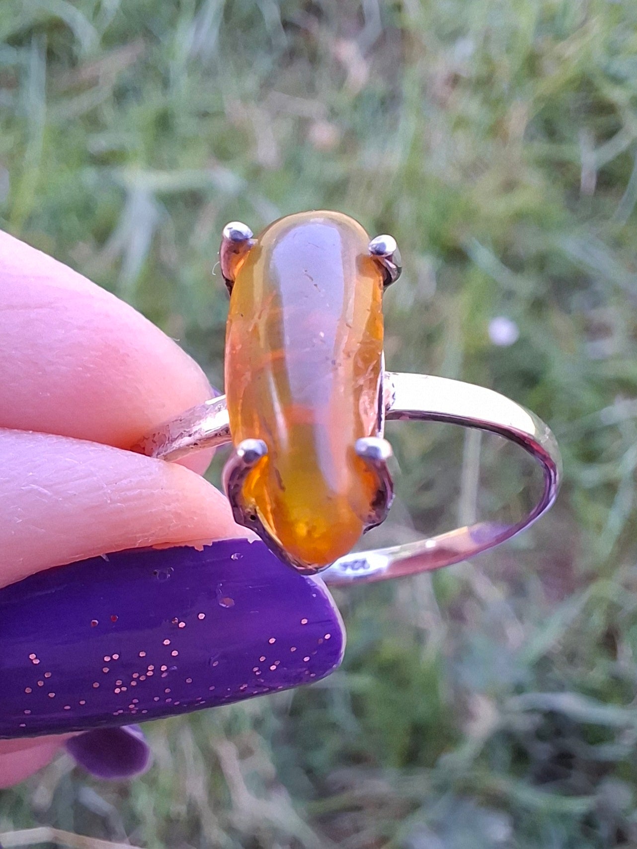 Baltic Amber Ring, size large V, 925 Silver, Fossil (Ref: AR25)