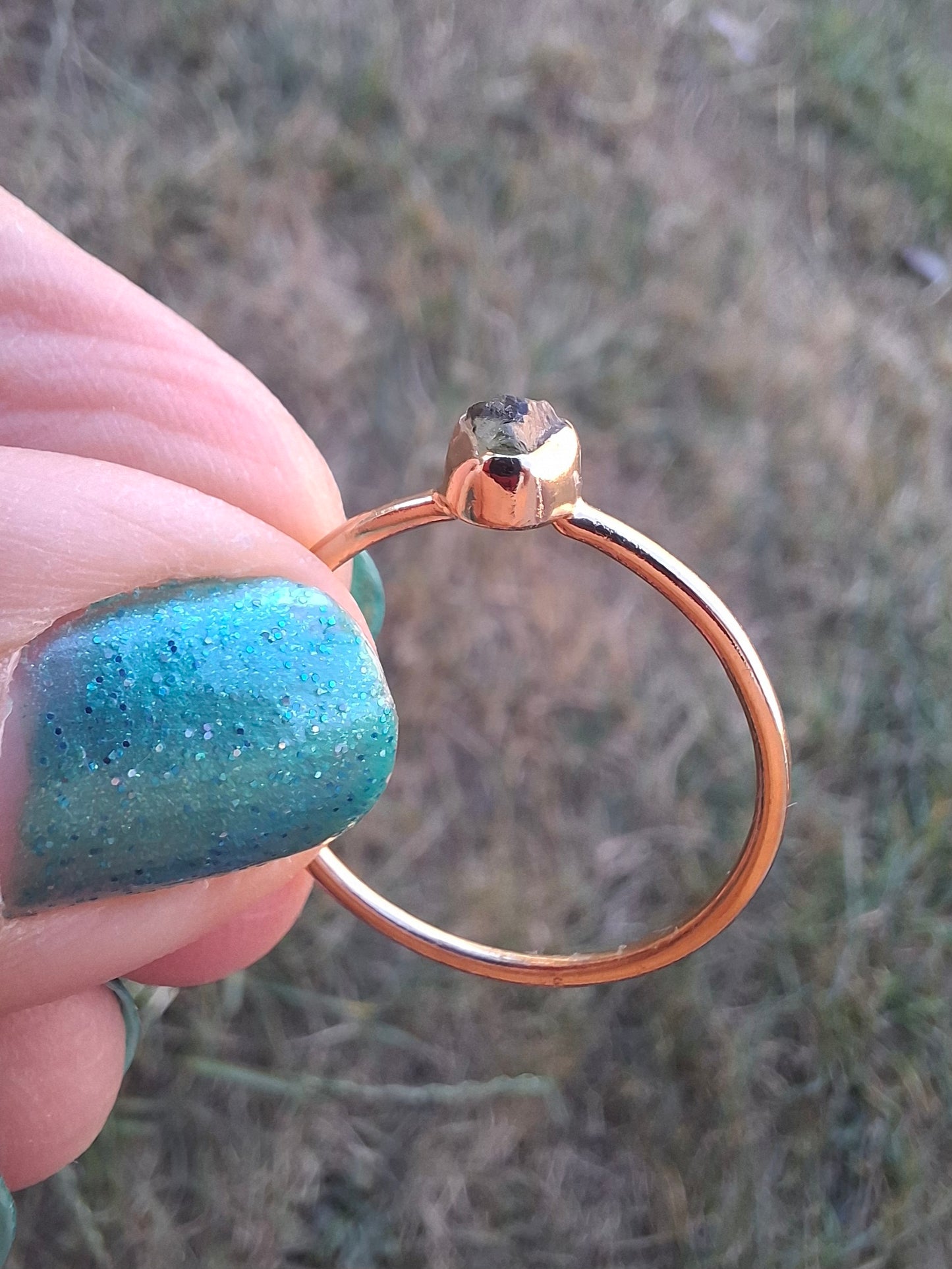 Moldavite Ring, 14K GOLD Plated, size large T, Tektite (Ref: R350)