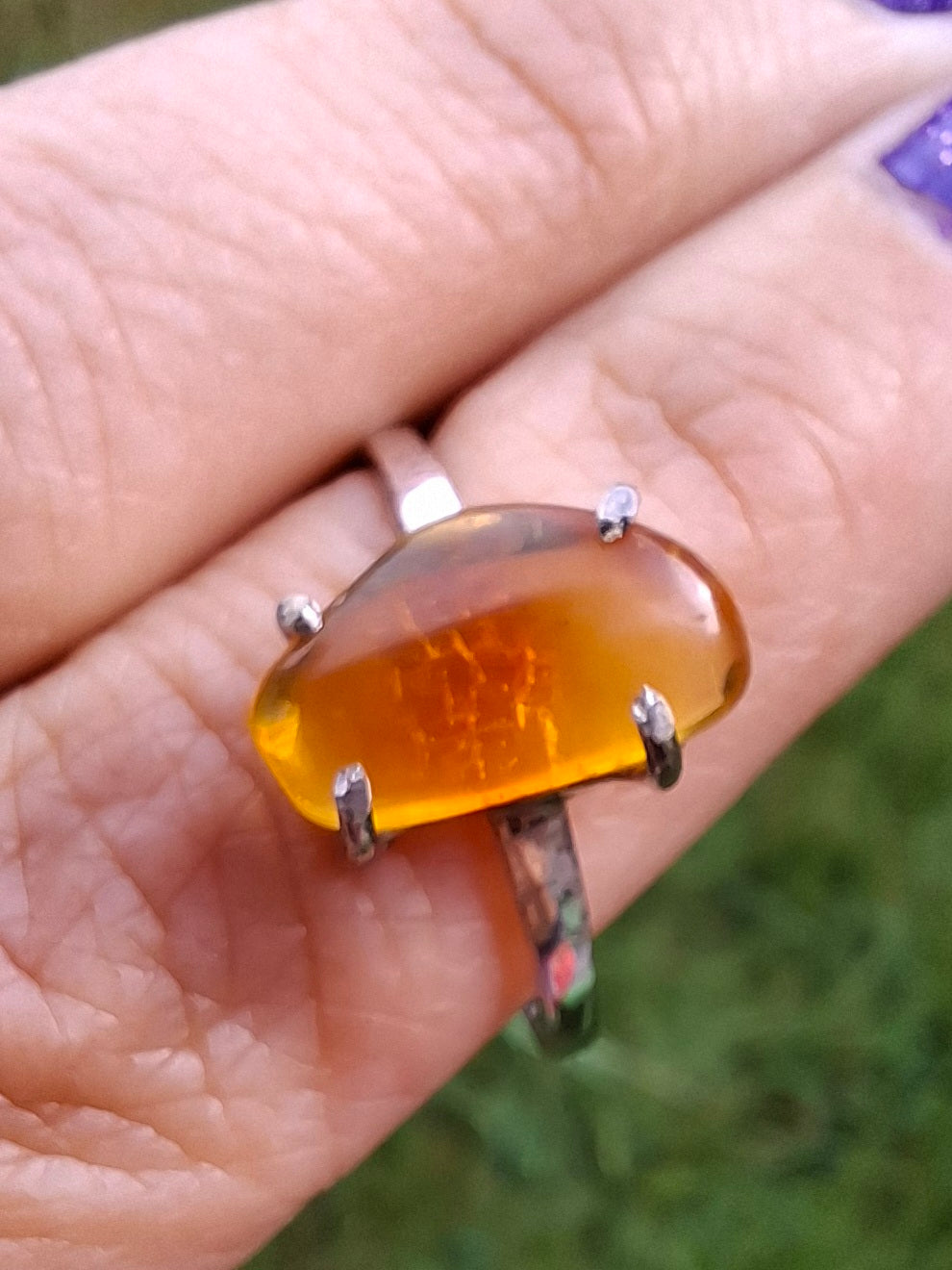 Baltic Amber Ring, size large T, 925 Silver, Fossil (Ref: AR18)