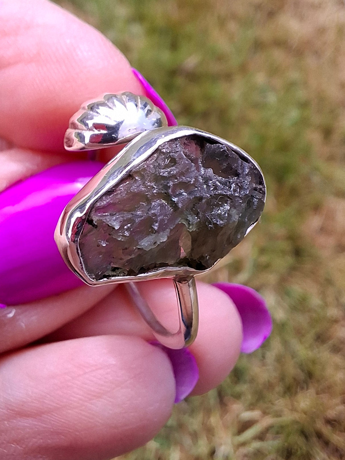 Moldavite ADJUSTABLE Ring, size large R, 925 Silver, Tektite (Ref: AR49)