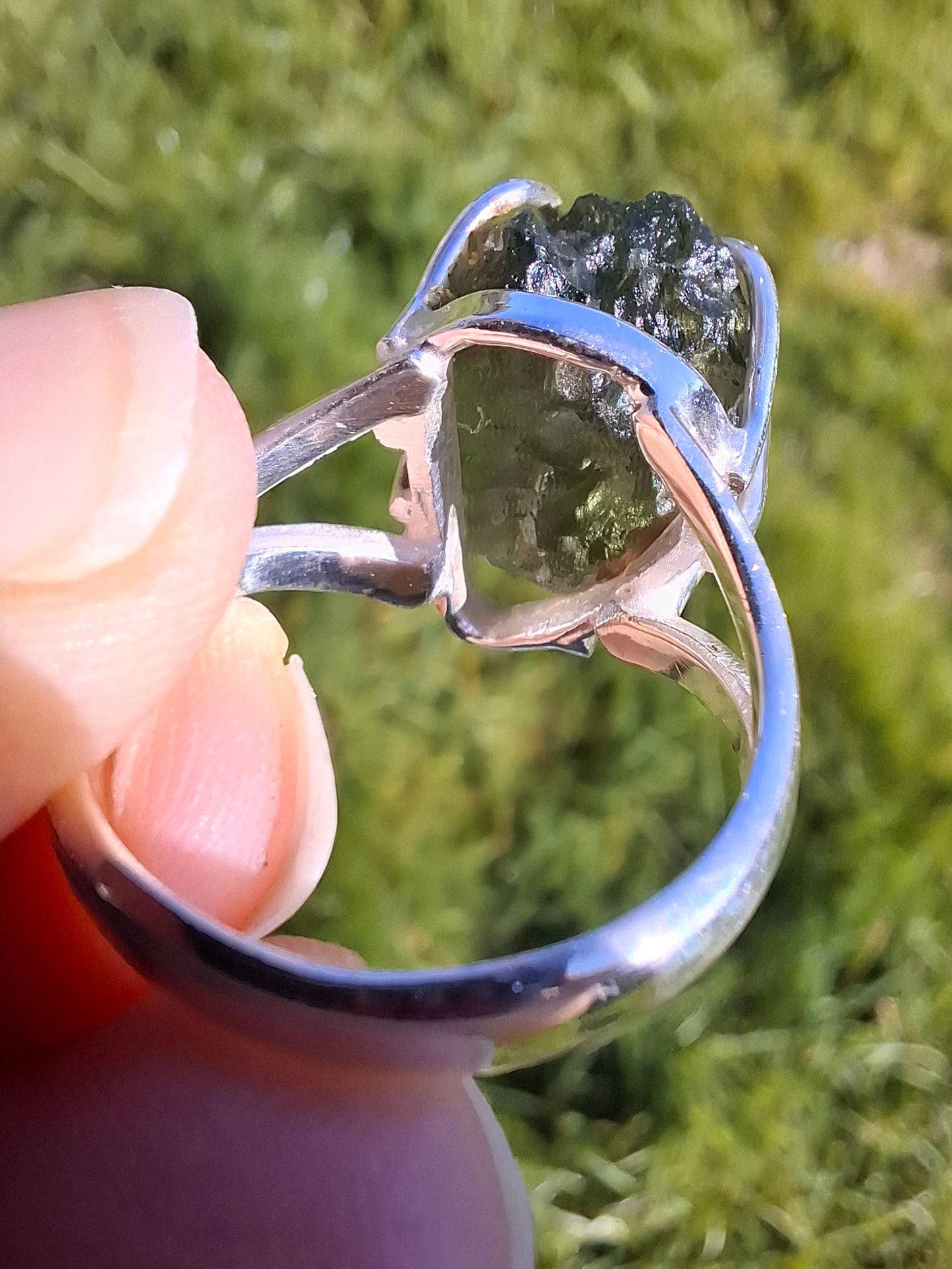 Moldavite Ring, size O, 925 Silver, Tektite (Ref: R7)