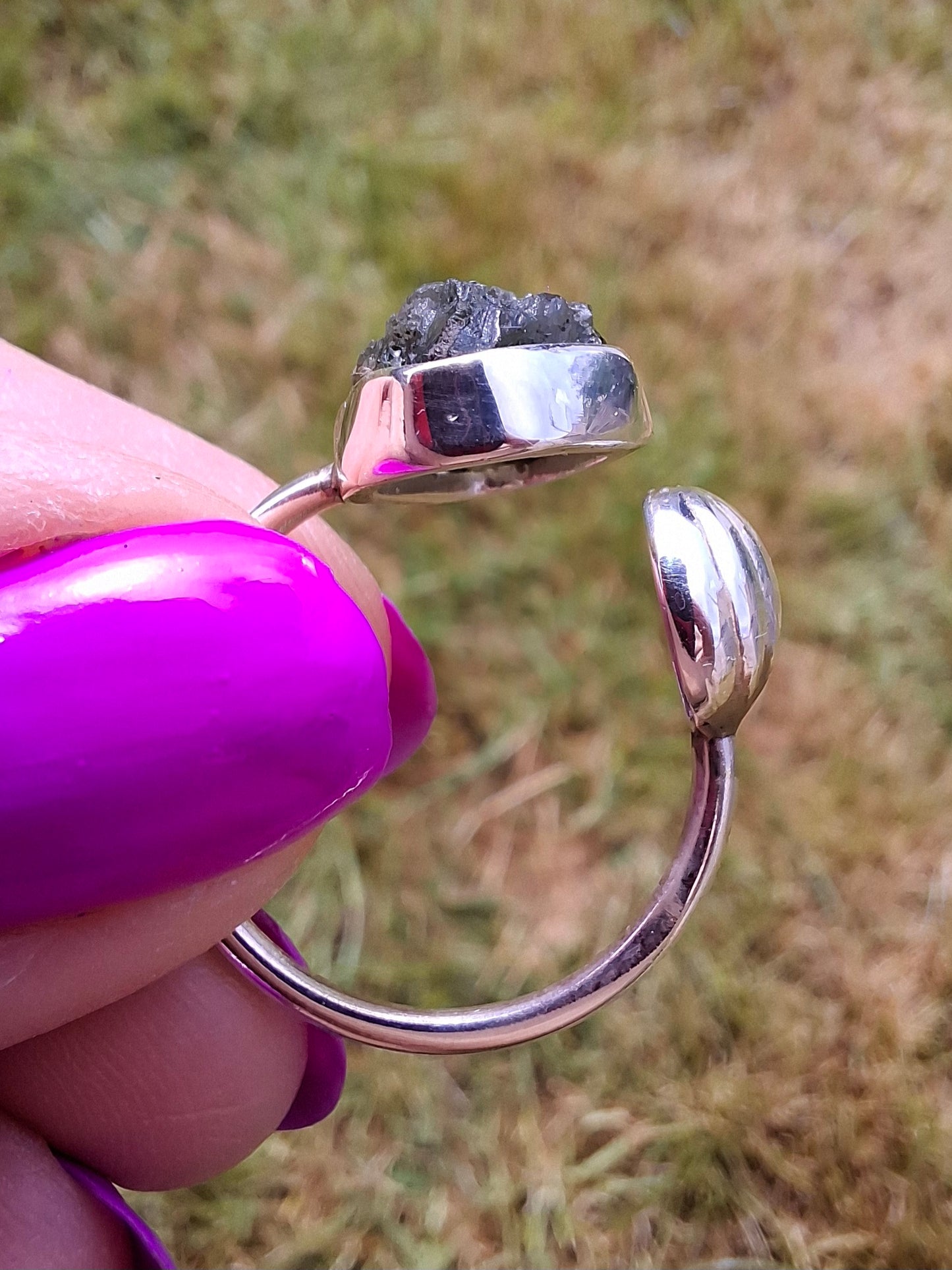 Moldavite ADJUSTABLE Ring, size large R, 925 Silver, Tektite (Ref: AR49)