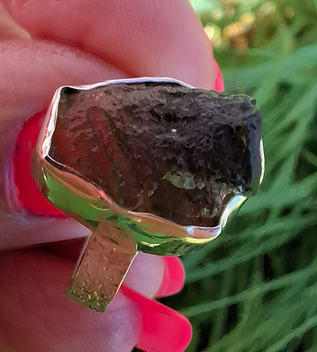 Moldavite Ring, size M, 925 Silver, Tektite (Ref: R306)