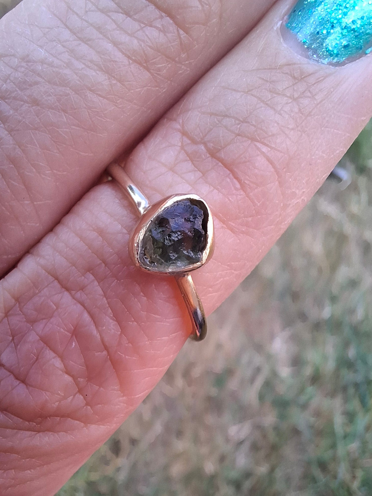 Moldavite Ring, 14K GOLD Plated, size large L, Tektite (Ref: R343)