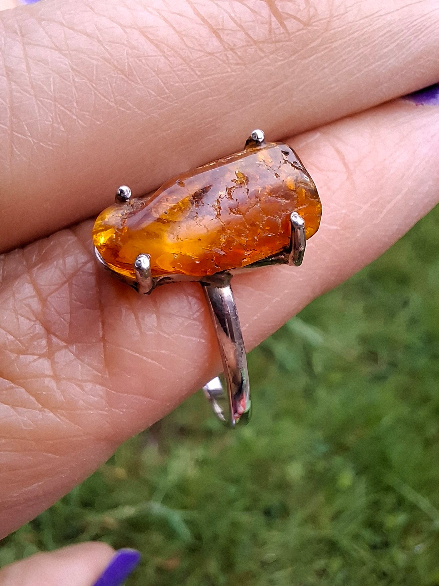 Baltic Amber Ring, size large Y, 925 Silver, Fossil (Ref: AR22)
