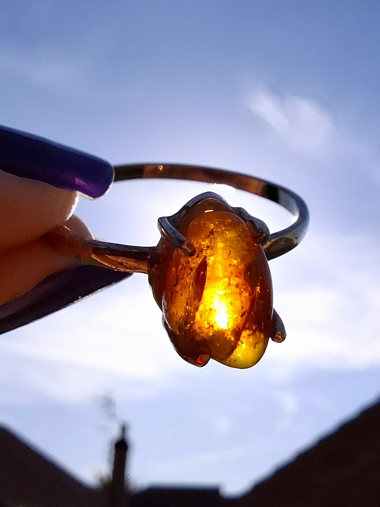 Baltic Amber Ring, size large W, 925 Silver, Fossil (Ref: AR29)