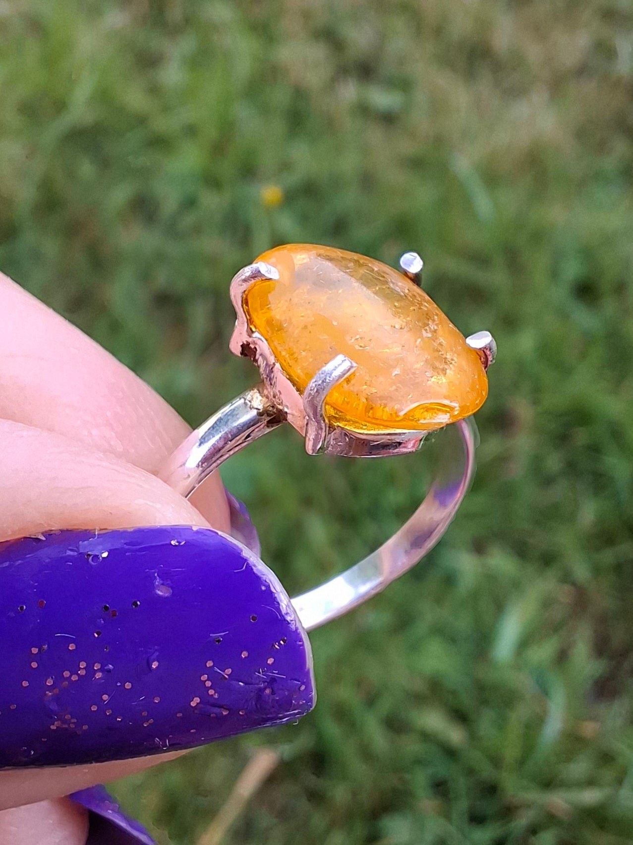 Baltic Amber Ring, size large N, 925 Silver, Fossil (Ref: AR9)