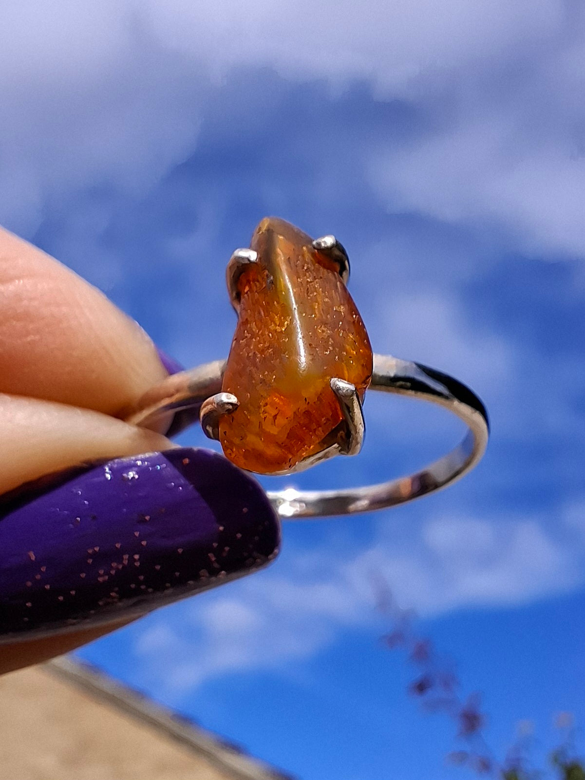 Baltic Amber Ring, size large V, 925 Silver, Fossil (Ref: AR26)