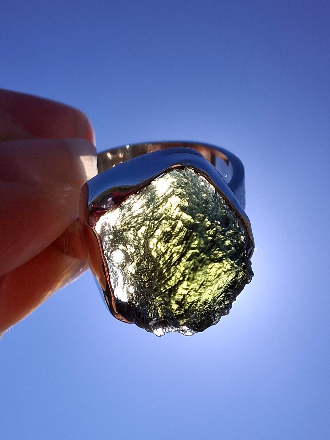 Moldavite Ring, size O, 925 Silver, Tektite (Ref: R312)