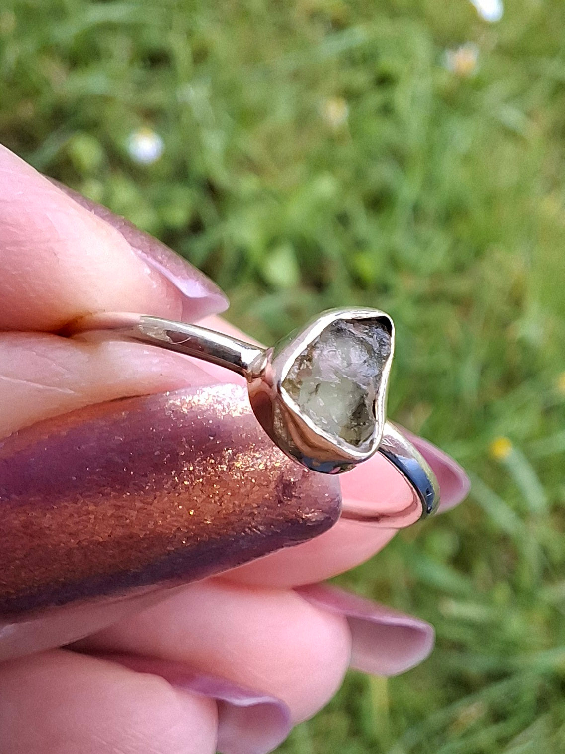Moldavite Ring, size large L/small M, 925 Silver, Tektite (Ref: R50)