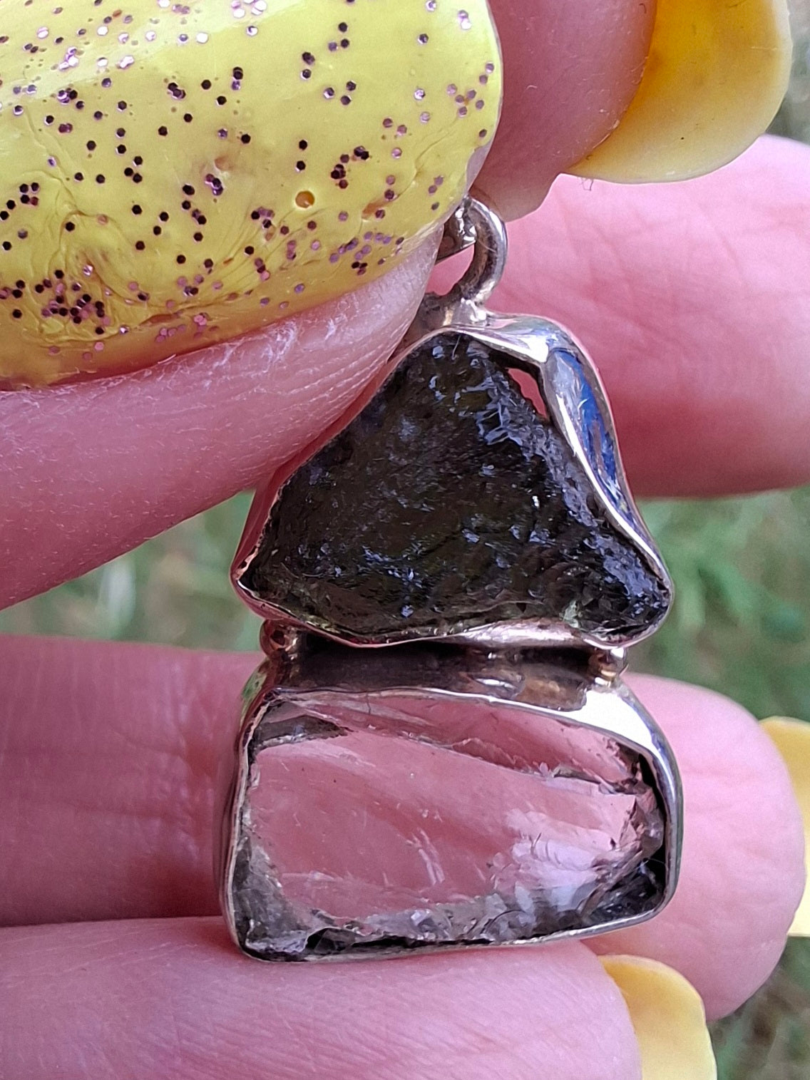 Moldavite & Libyan Desert Glass Pendant, 925 Silver, Tektite (Ref: MLP8)