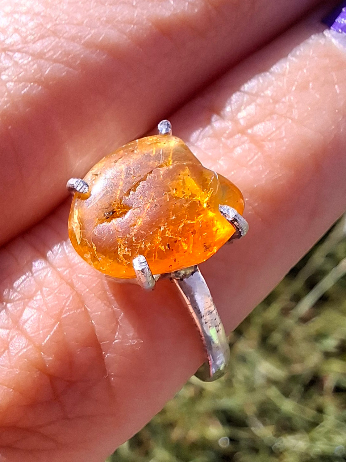 Baltic Amber Ring, size large Q, 925 Silver, Fossil (Ref: AR14)