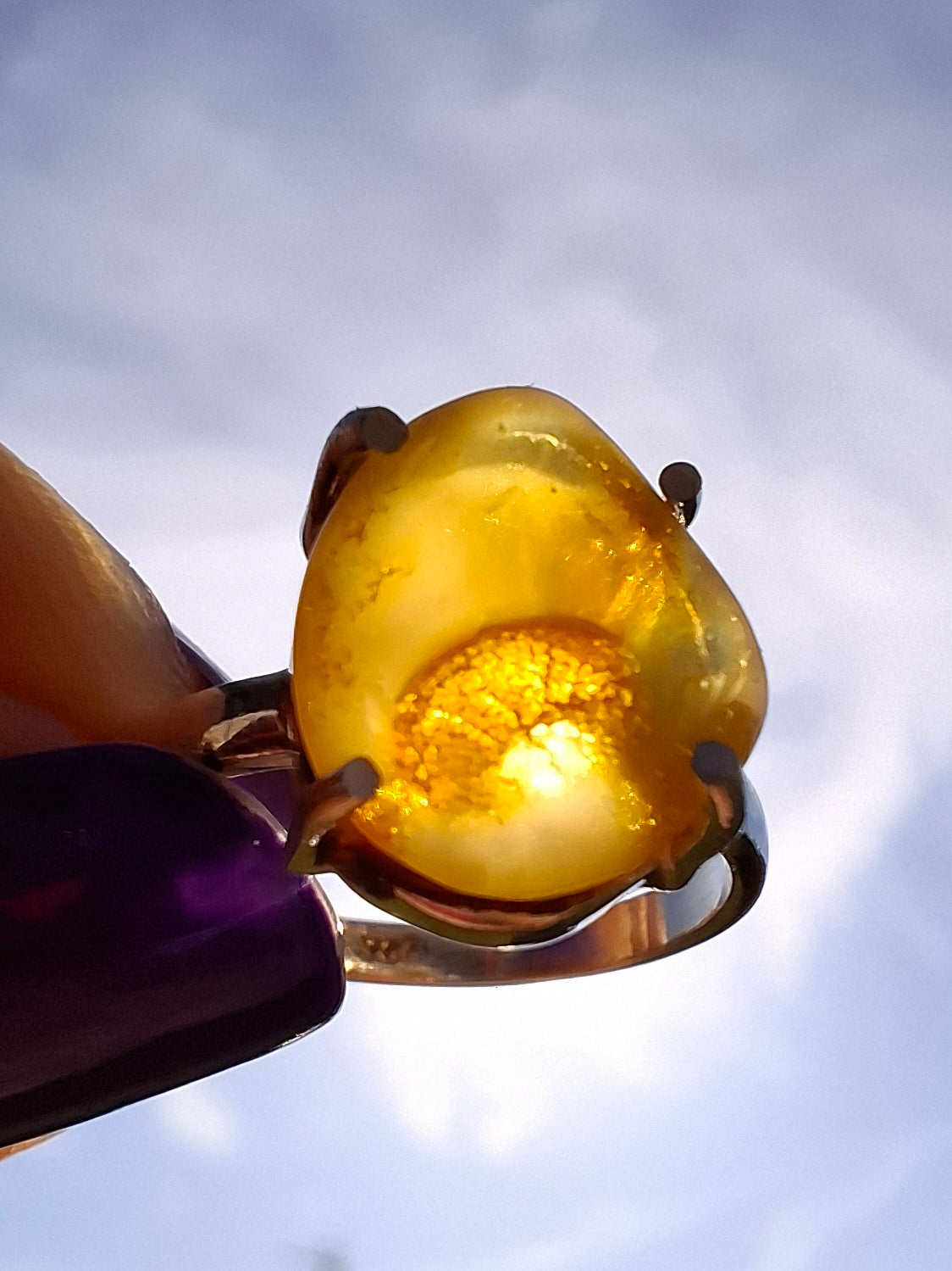 Baltic Amber Ring, size large L, 925 Silver, Fossil (Ref: AR2)