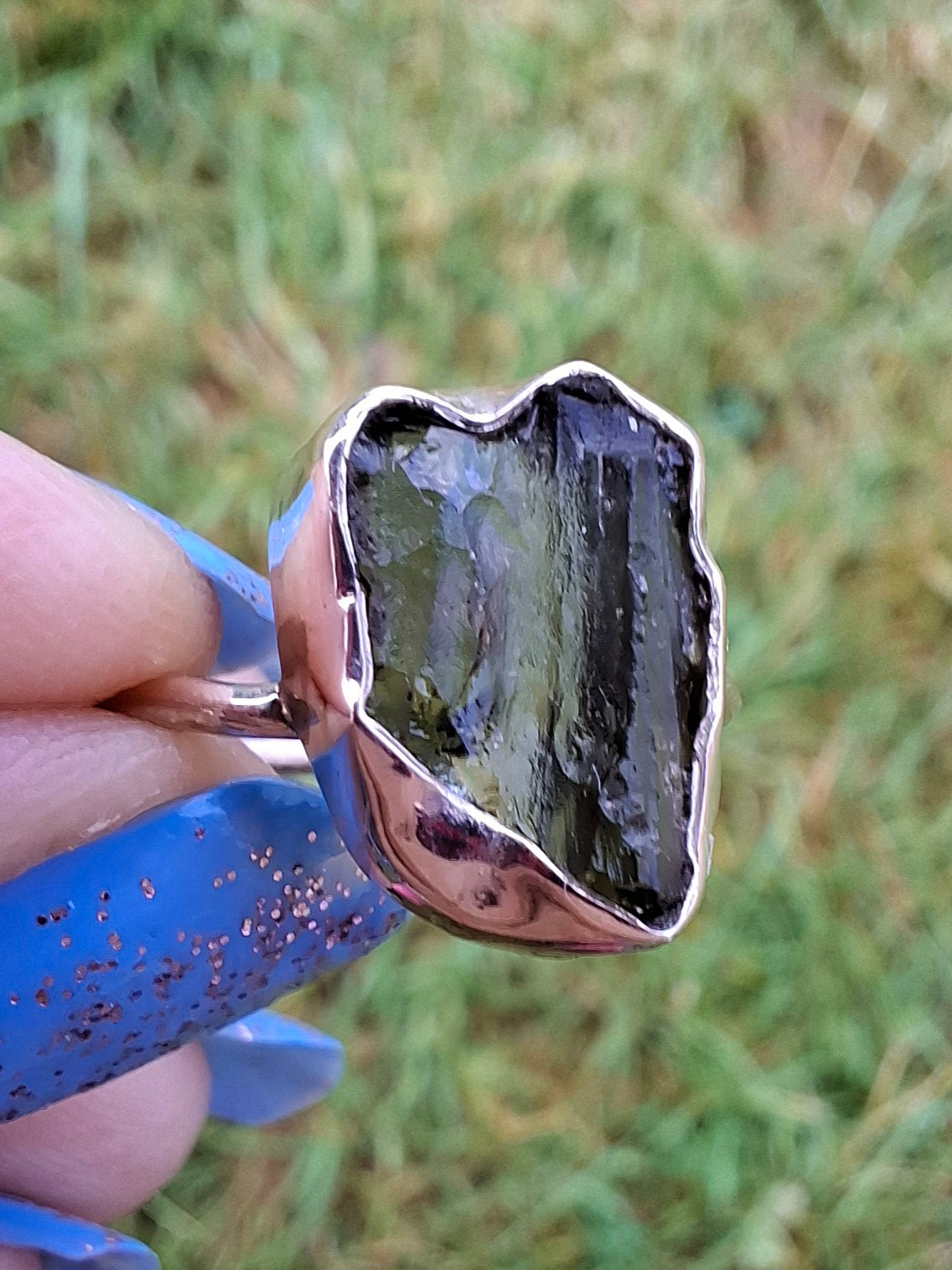 Moldavite Ring, size large N, 925 Silver, Tektite (Ref: R25)