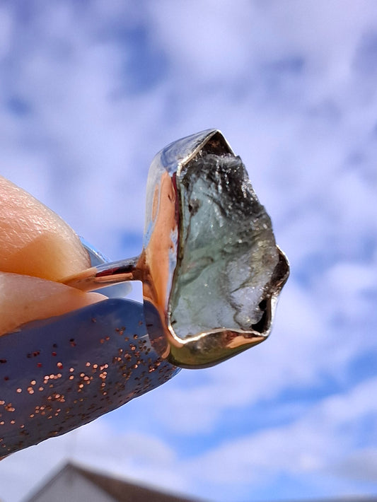 Moldavite Ring, size large G/small H, 925 Silver, Tektite (Ref: R19)