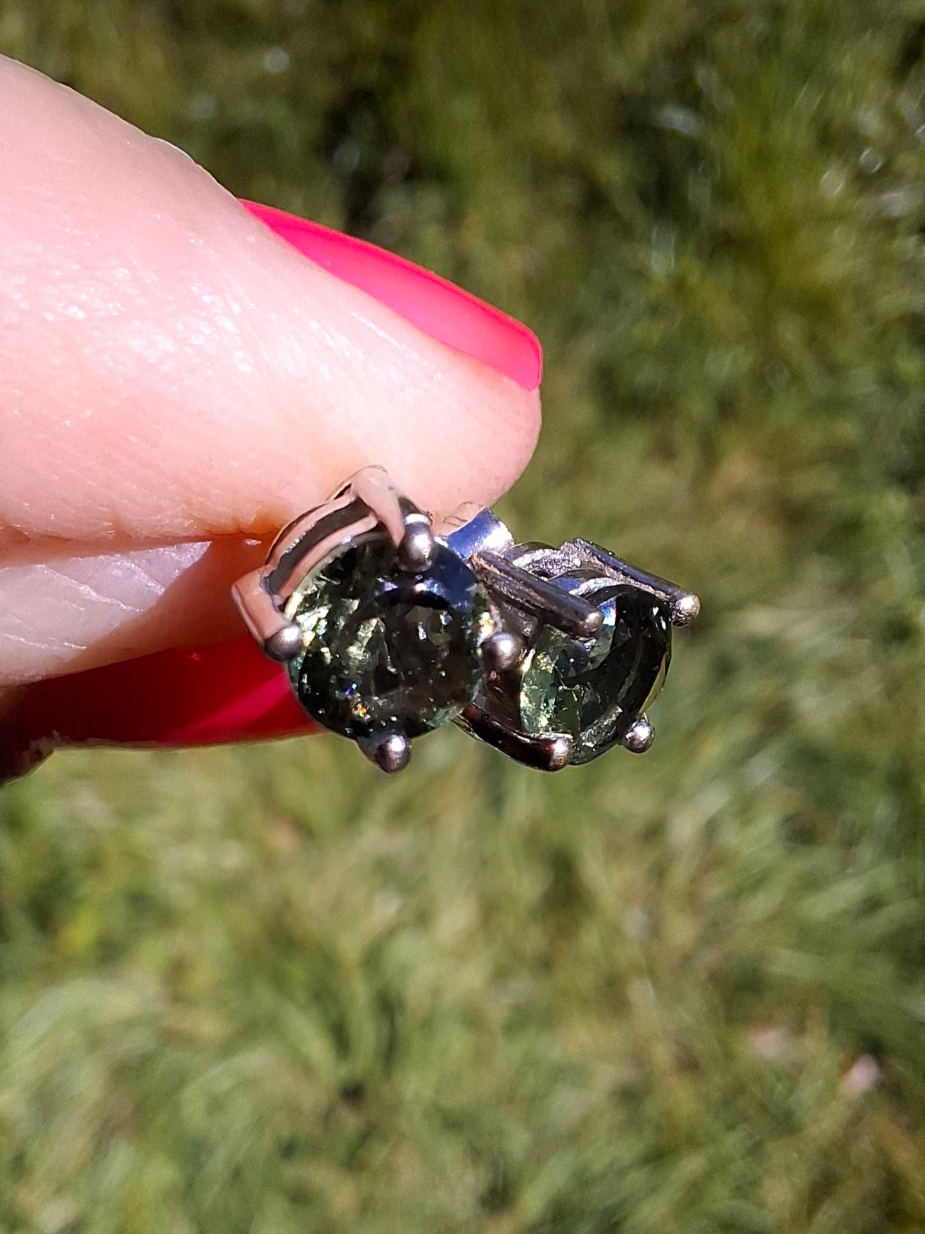 Moldavite (faceted) 5mm STUD EARRINGS, 925 Silver, Tektite (Ref: Pair48)