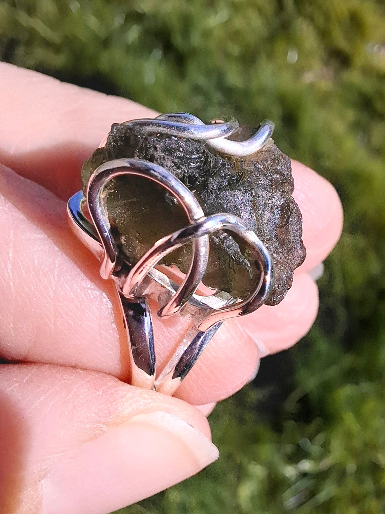 Moldavite Ring, size large L/small M, 925 Silver, Tektite (Ref: R4)