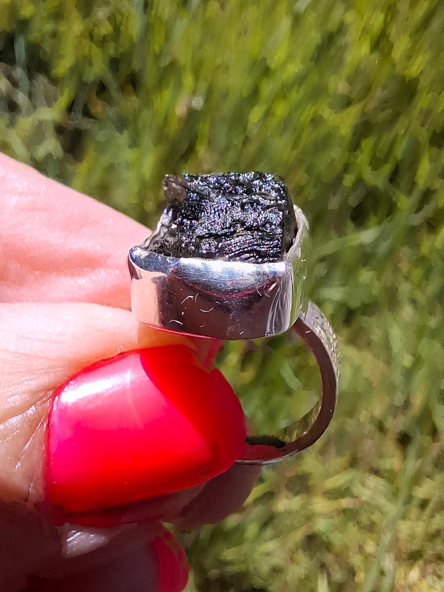 Moldavite Ring, size large G/small H, 925 Silver, Tektite (Ref: R293)