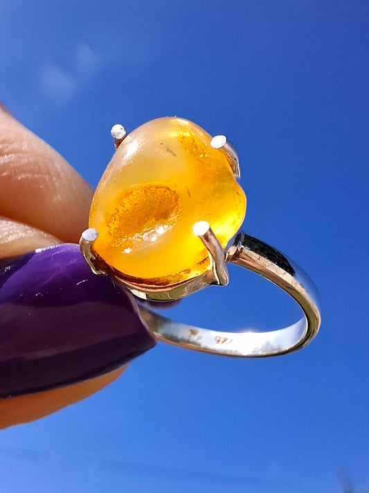 Baltic Amber Ring, size large L, 925 Silver, Fossil (Ref: AR2)
