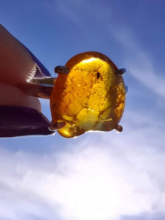 Baltic Amber Ring, size large Q, 925 Silver, Fossil (Ref: AR14)