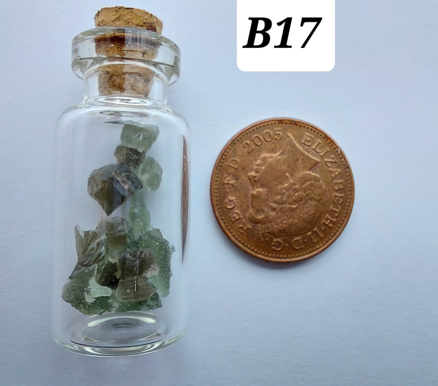 Moldavite chips (1.50g) in 3ml glass Bottle, Tektite (Ref: B17)