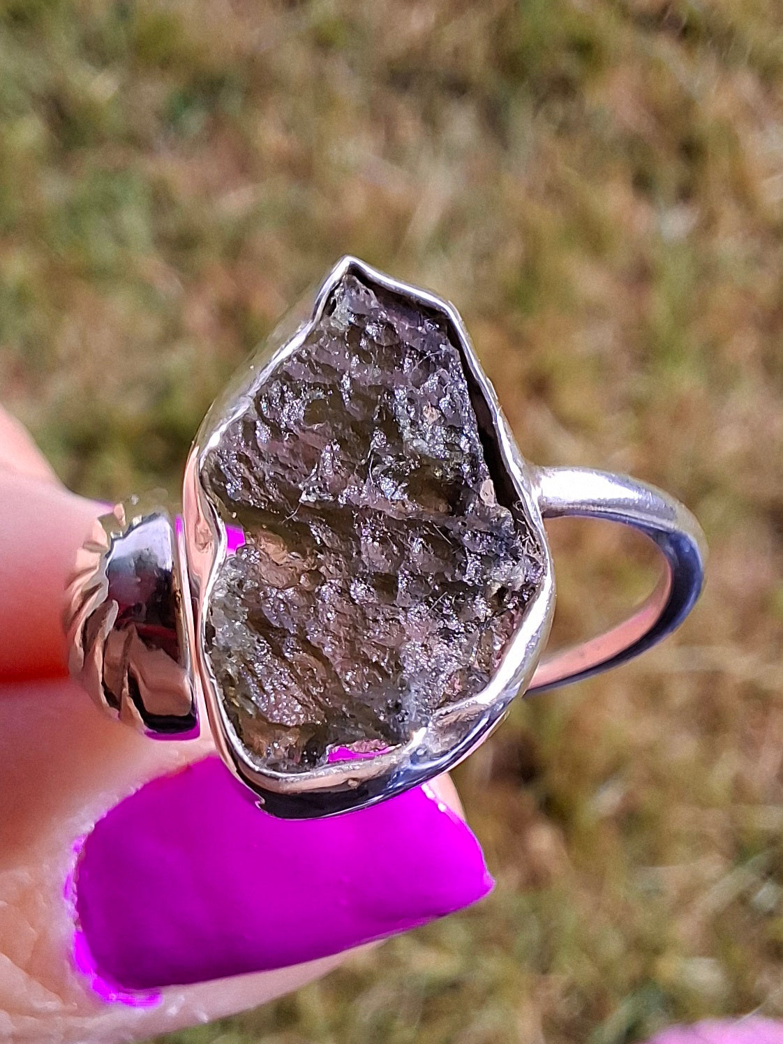 Moldavite ADJUSTABLE Ring, size large O, 925 Silver, Tektite (Ref: AR44)