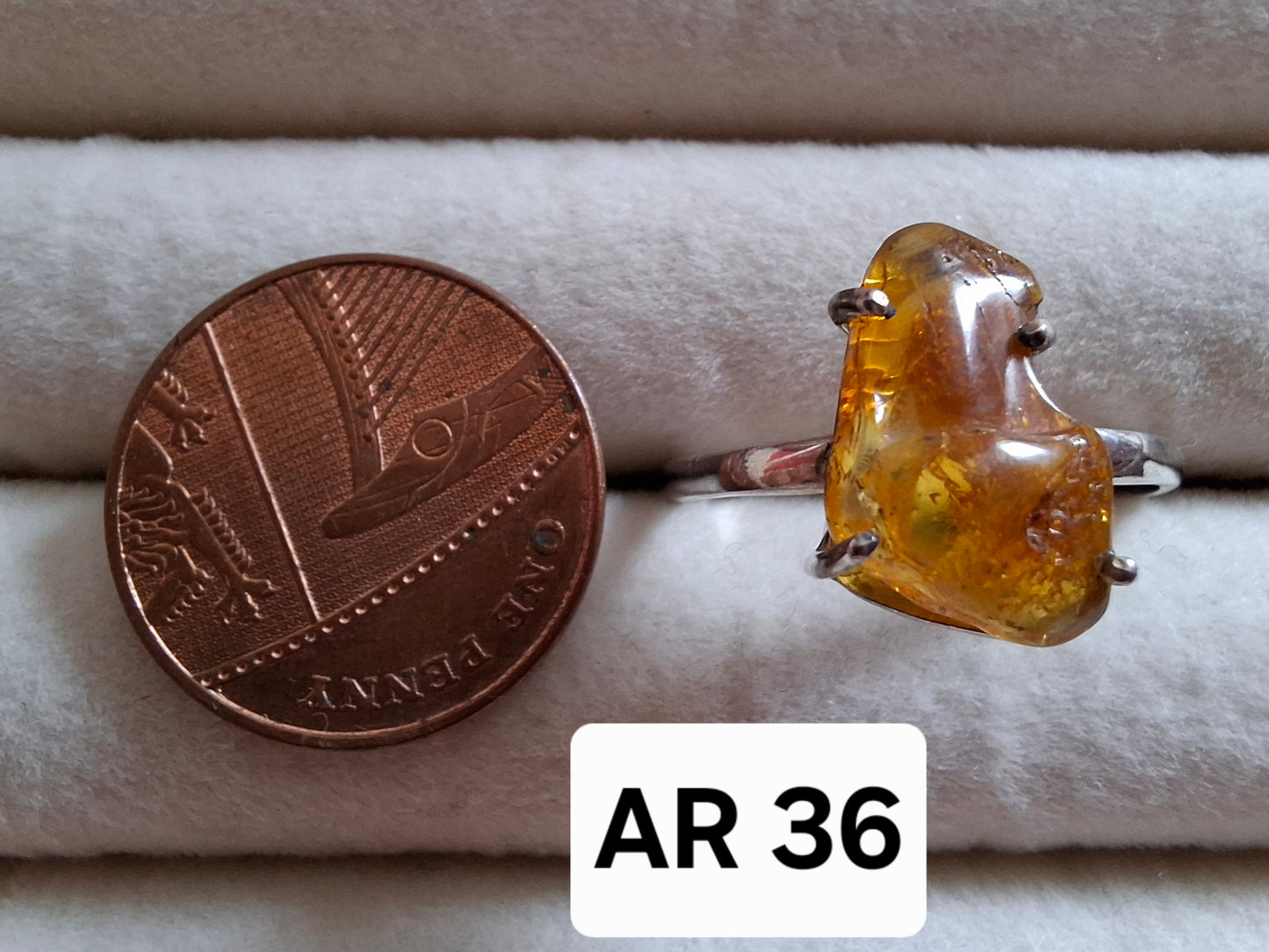 Baltic Amber Ring, size large X, 925 Silver, Fossil (Ref: AR36)