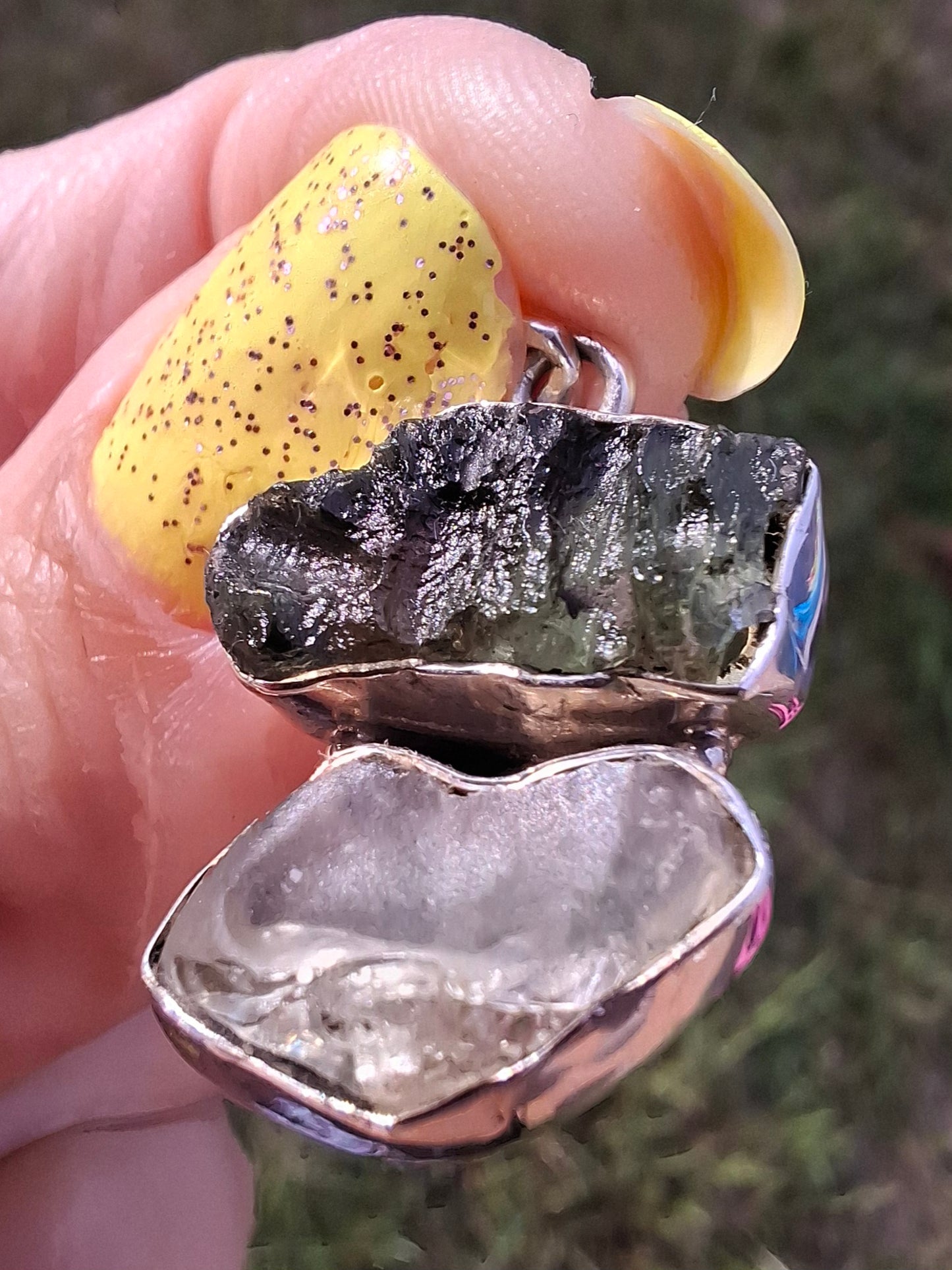 Moldavite & Libyan Desert Glass Pendant, 925 Silver, Tektite (Ref: MLP5)