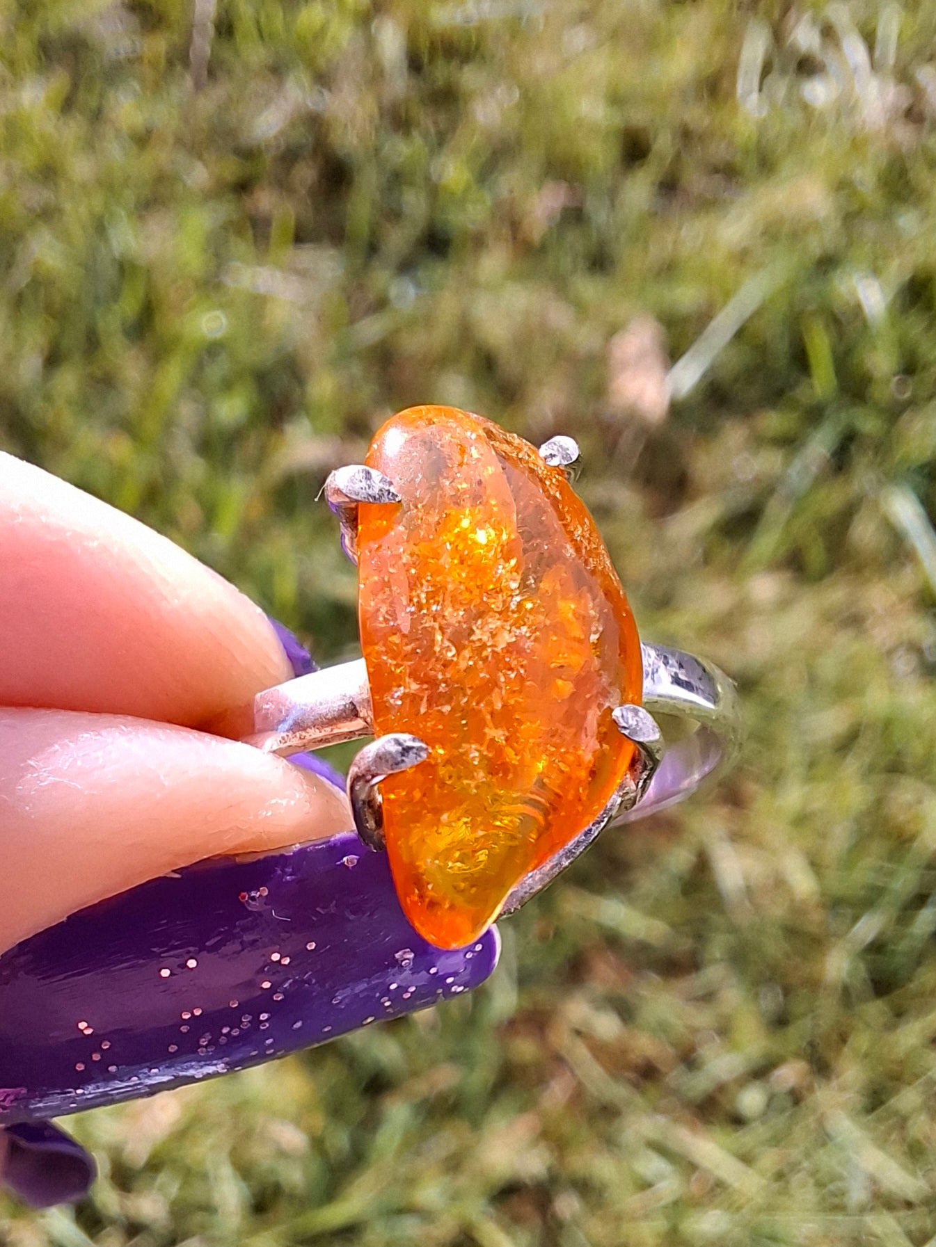 Baltic Amber Ring, size large T/small U, 925 Silver, Fossil (Ref: AR19)