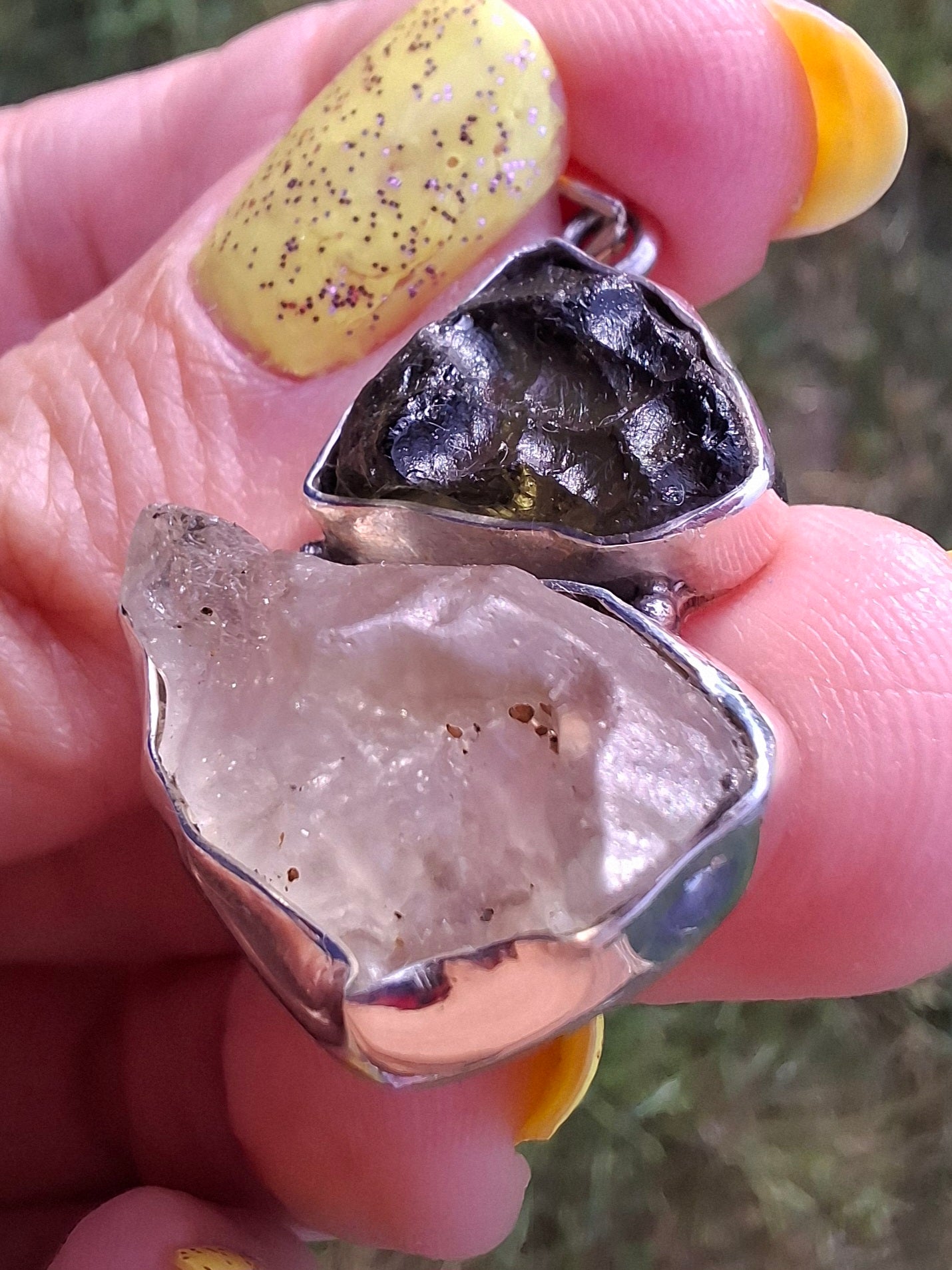 Moldavite & Libyan Desert Glass Pendant, 925 Silver, Tektite (Ref: MLP18)