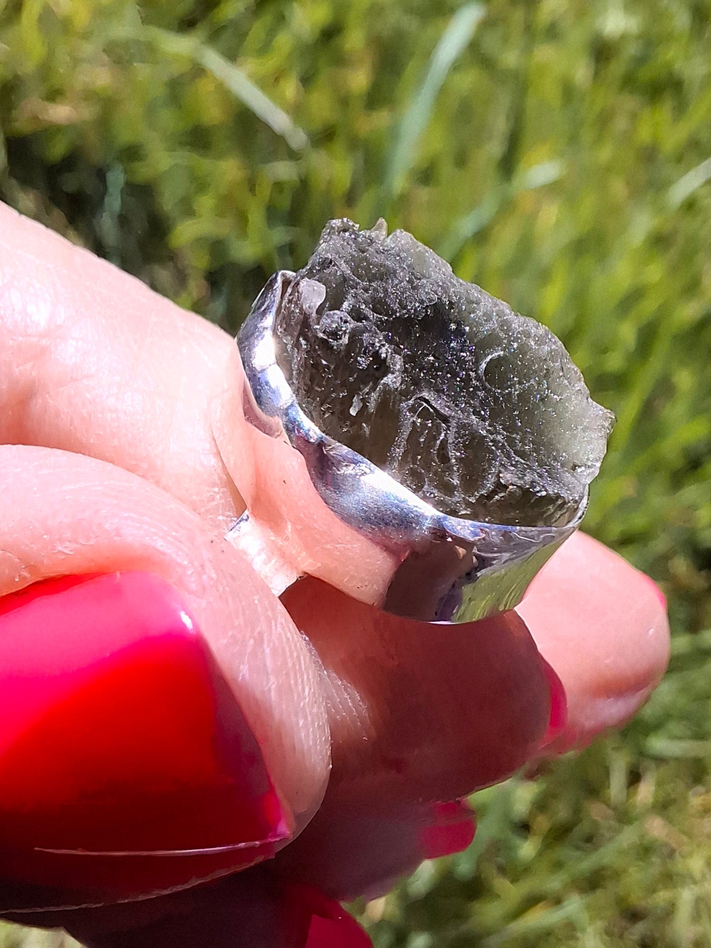 Moldavite Ring, size I, 925 Silver, Tektite (Ref: R295)