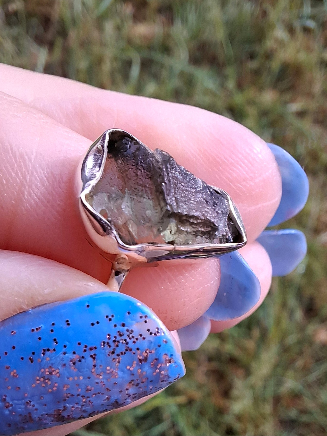 Moldavite Ring, size large G/small H, 925 Silver, Tektite (Ref: R19)