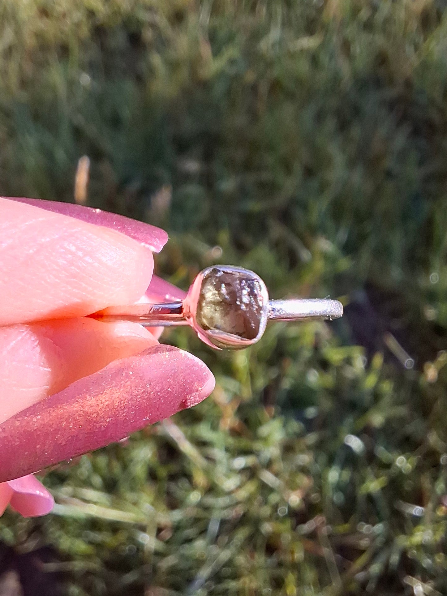 Moldavite Ring, size large L/small M, 925 Silver, Tektite (Ref: R37)