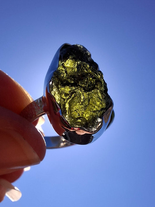 Moldavite Ring, size U, 925 Silver, Tektite (Ref: R325)