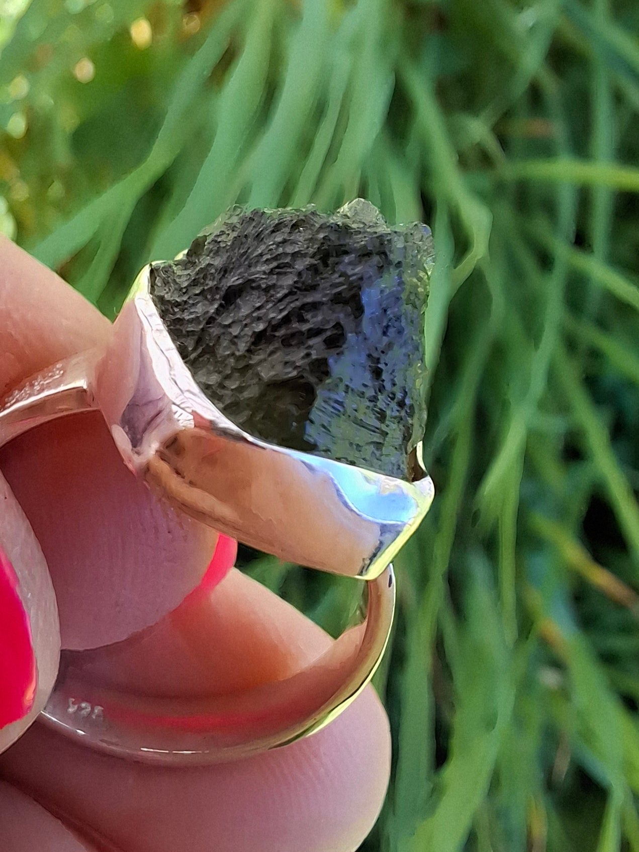 Moldavite Ring, size O, 925 Silver, Tektite (Ref: R312)