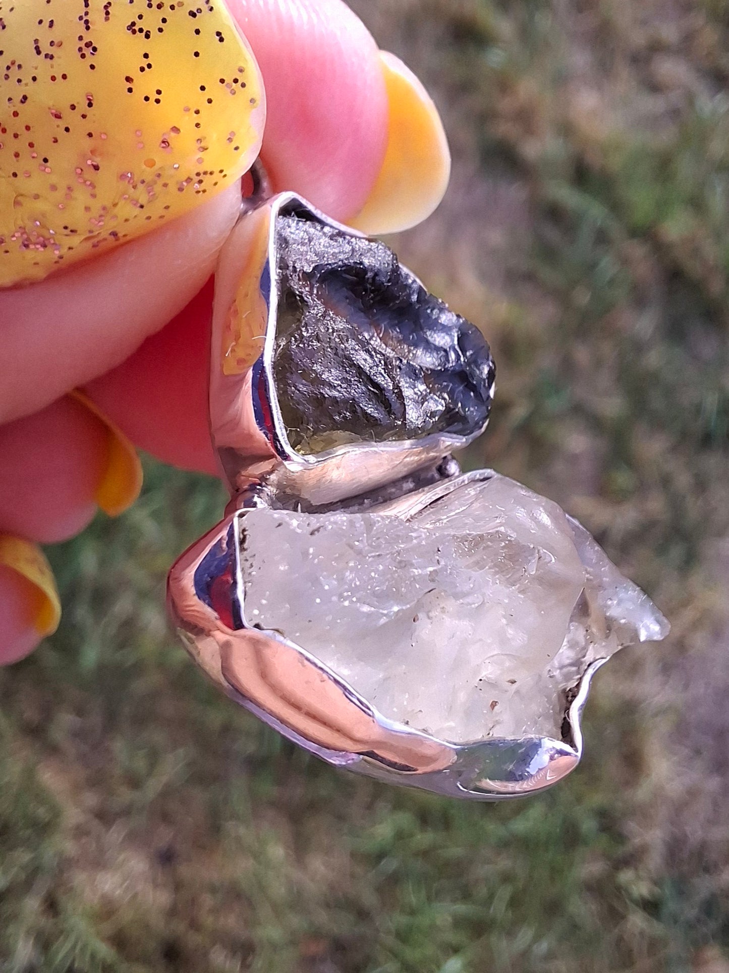 Moldavite & Libyan Desert Glass Pendant, 925 Silver, Tektite (Ref: MLP18)