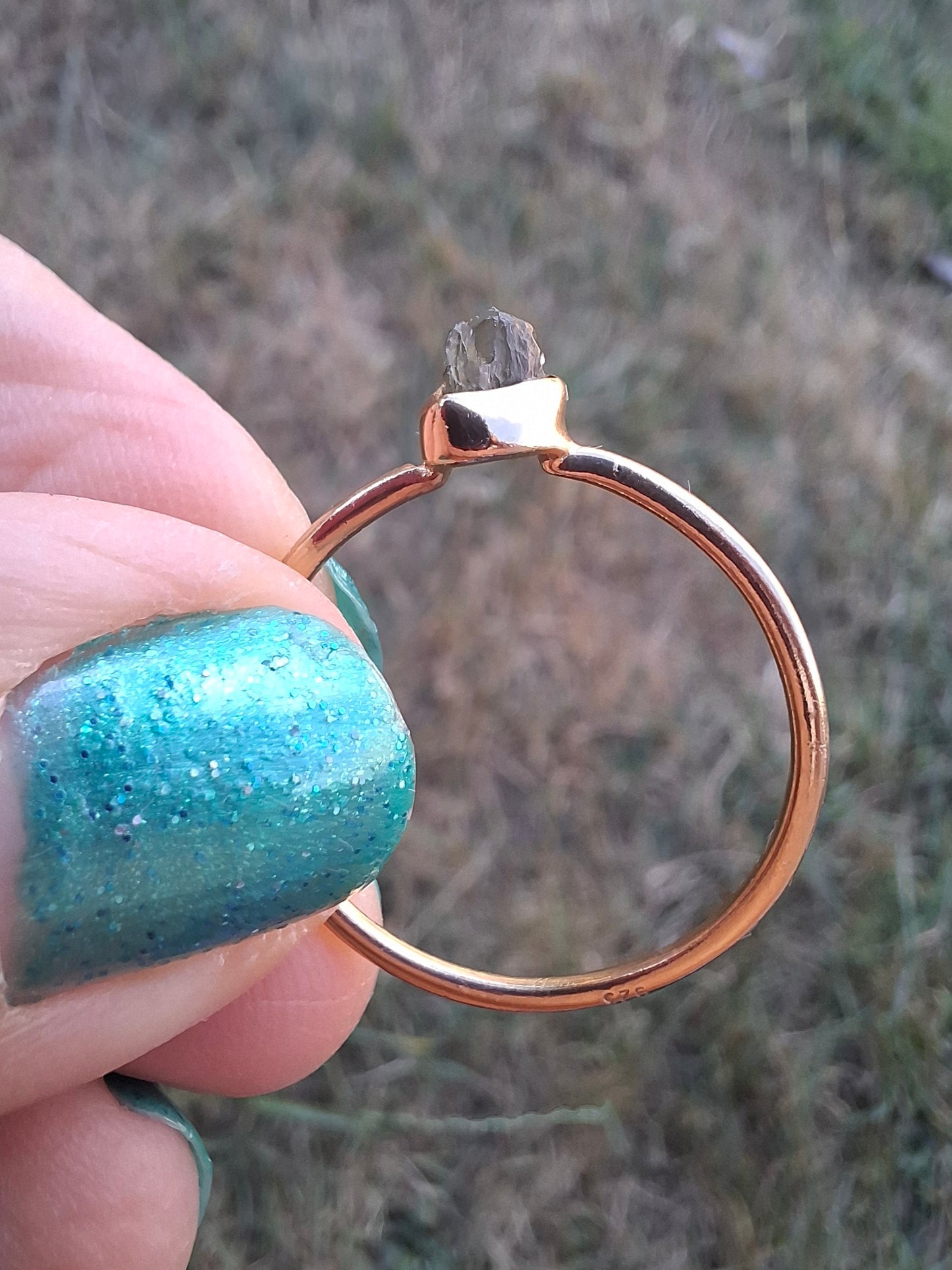 Moldavite Ring, 14K GOLD Plated, size large S / small T, Tektite (Ref: R352)