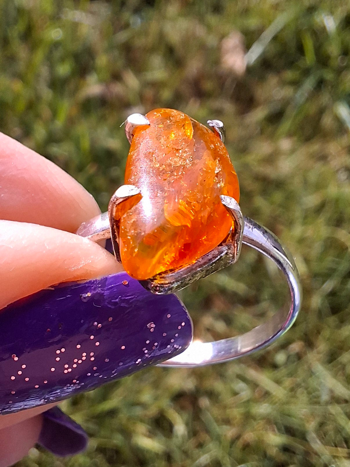 Baltic Amber Ring, size large T/small U, 925 Silver, Fossil (Ref: AR19)