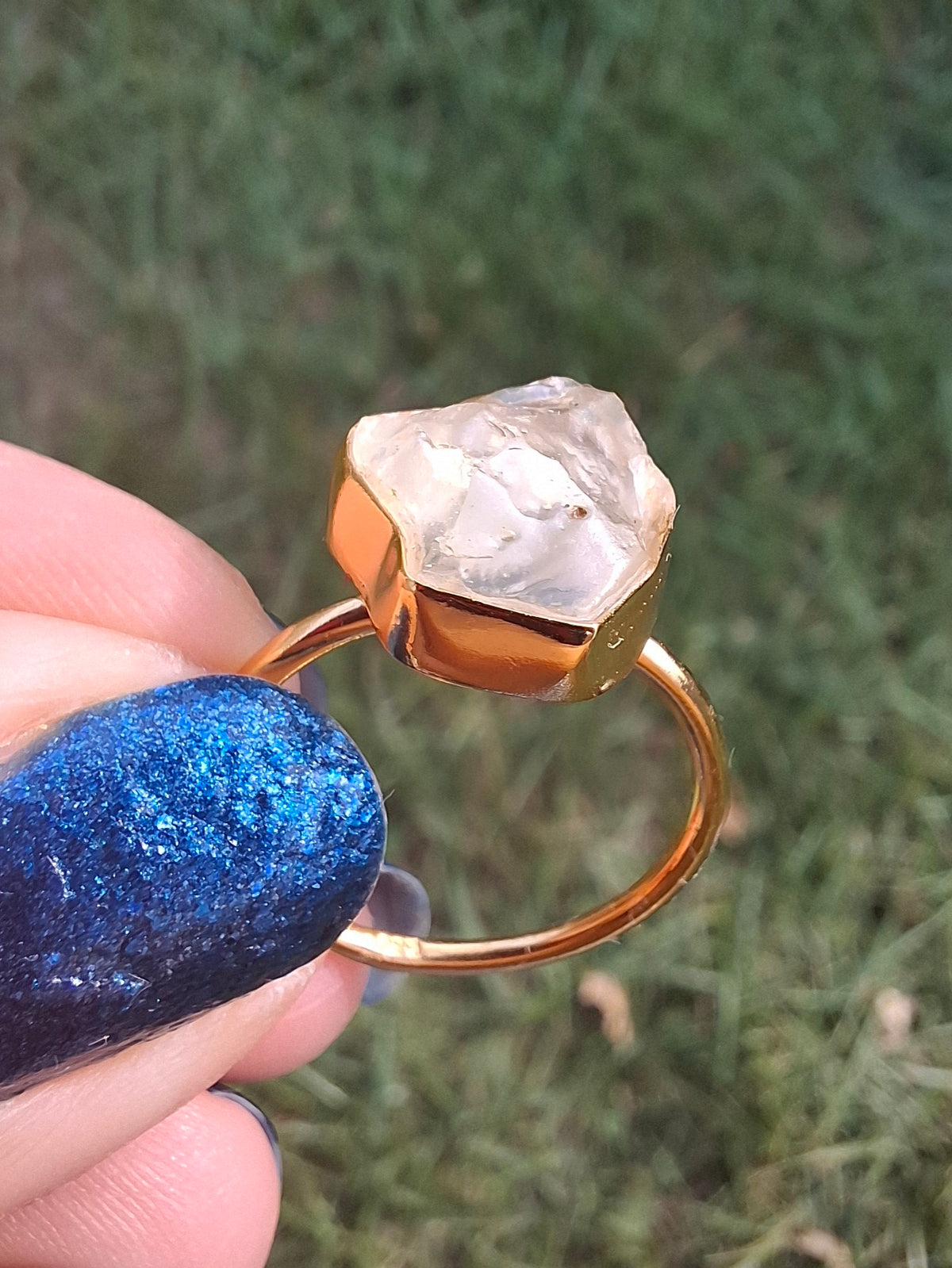 Libyan Desert Glass Ring, 14K GOLD Plated, size large N, Tektite (Ref: LR75)