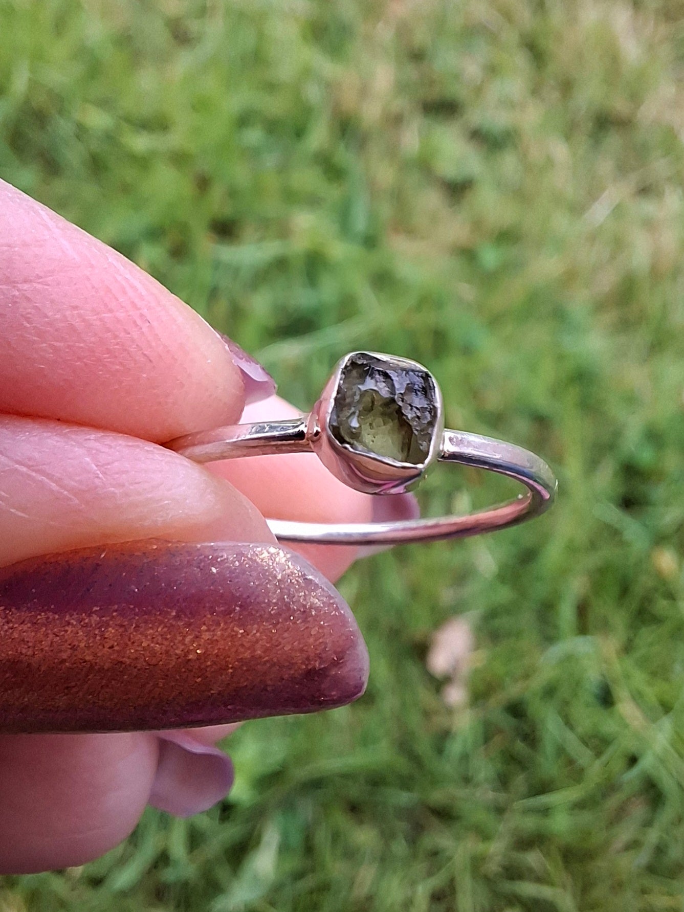 Moldavite Ring, size large L/small M, 925 Silver, Tektite (Ref: R37)