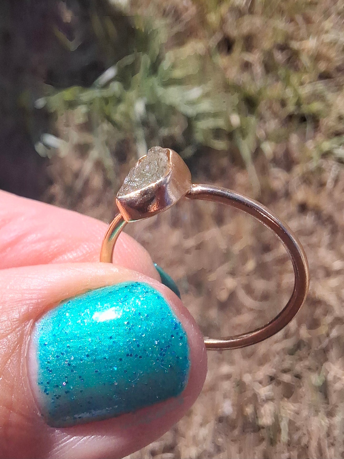 Moldavite Ring, 14K GOLD Plated, size large M, Tektite (Ref: R341)