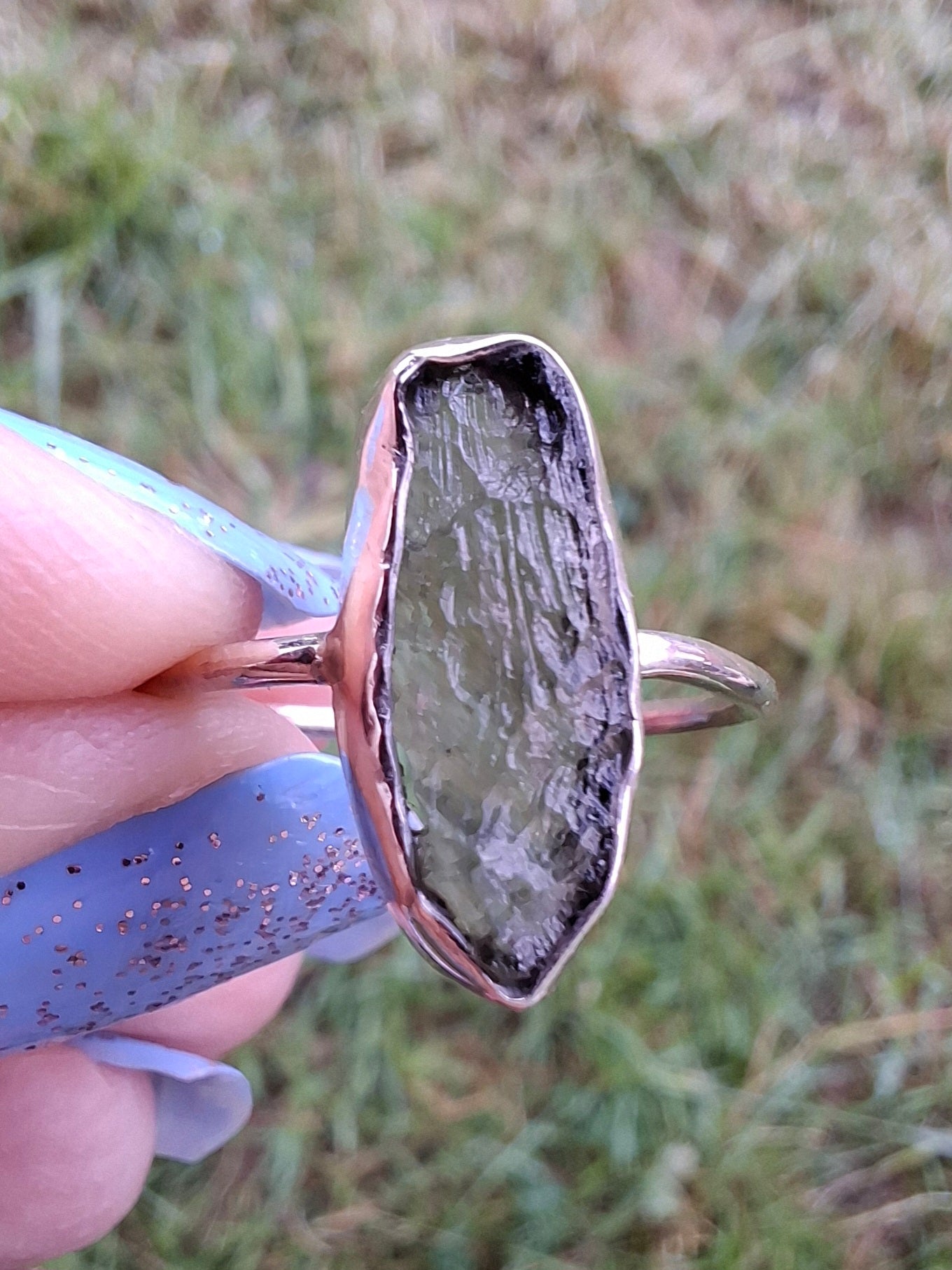 Moldavite Ring, size large R, 925 Silver, Tektite (Ref: R27)