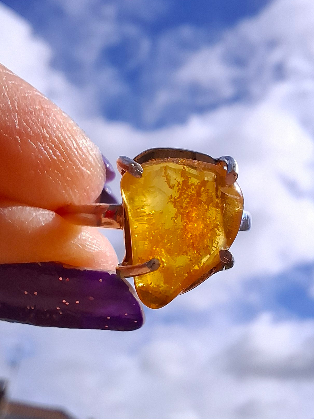 Baltic Amber Ring, size large M, 925 Silver, Fossil (Ref: AR6)