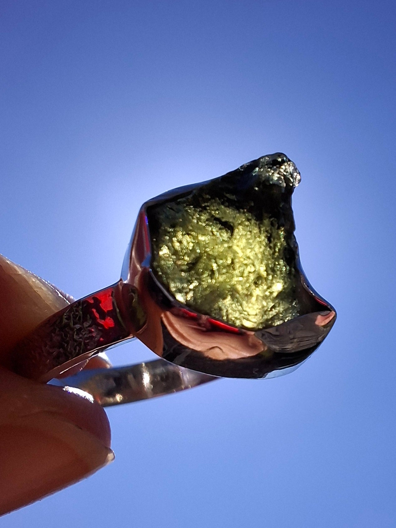 Moldavite Ring, size V, 925 Silver, Tektite (Ref: R326)