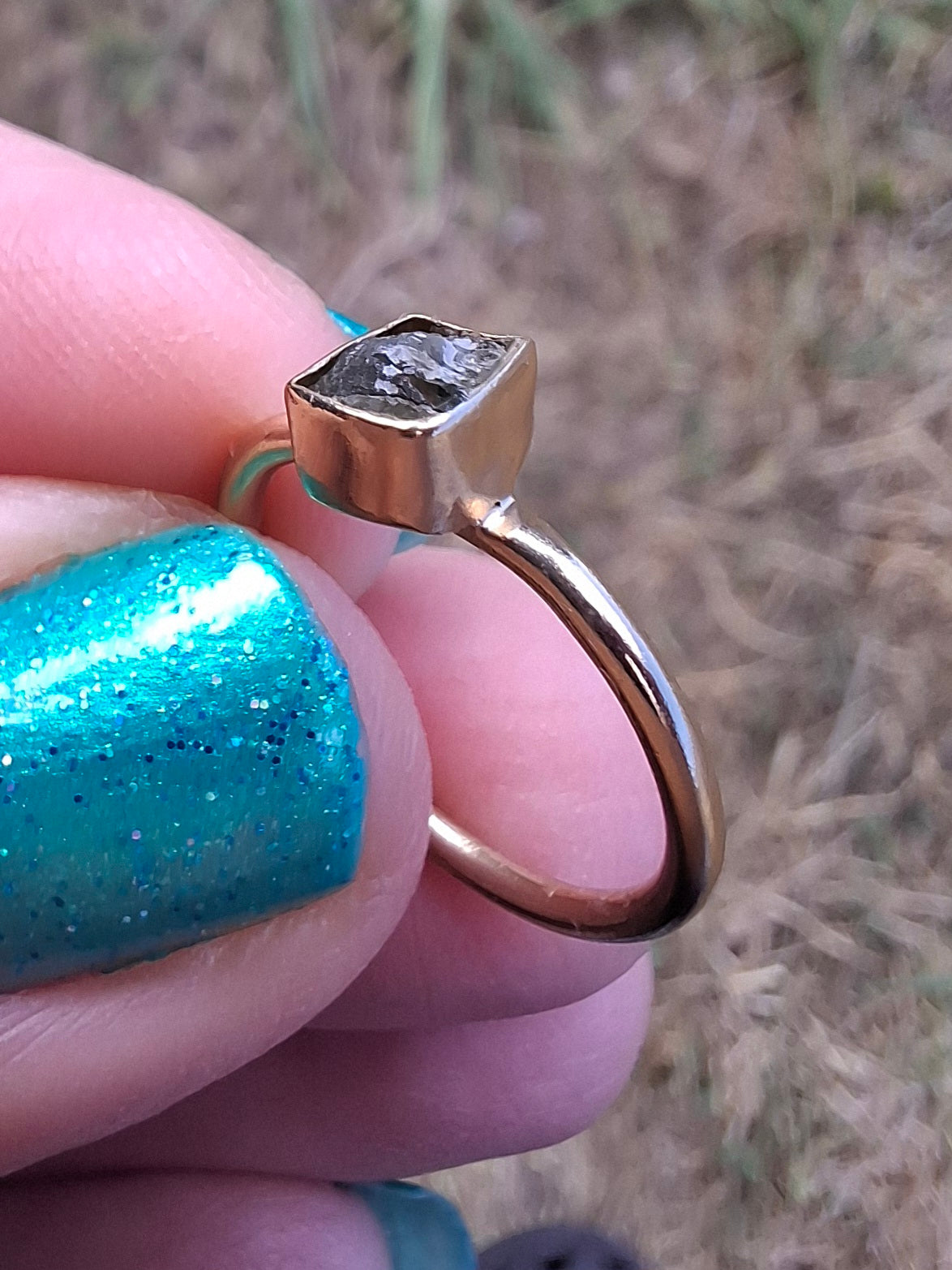 Moldavite Ring, 14K GOLD Plated, size small i, Tektite (Ref: R333)